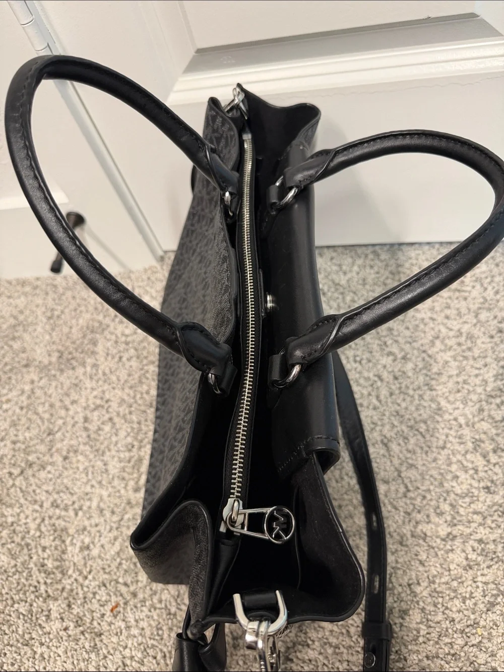 Michael Kors Black & Silver Signature Satchel with Stripe Detail